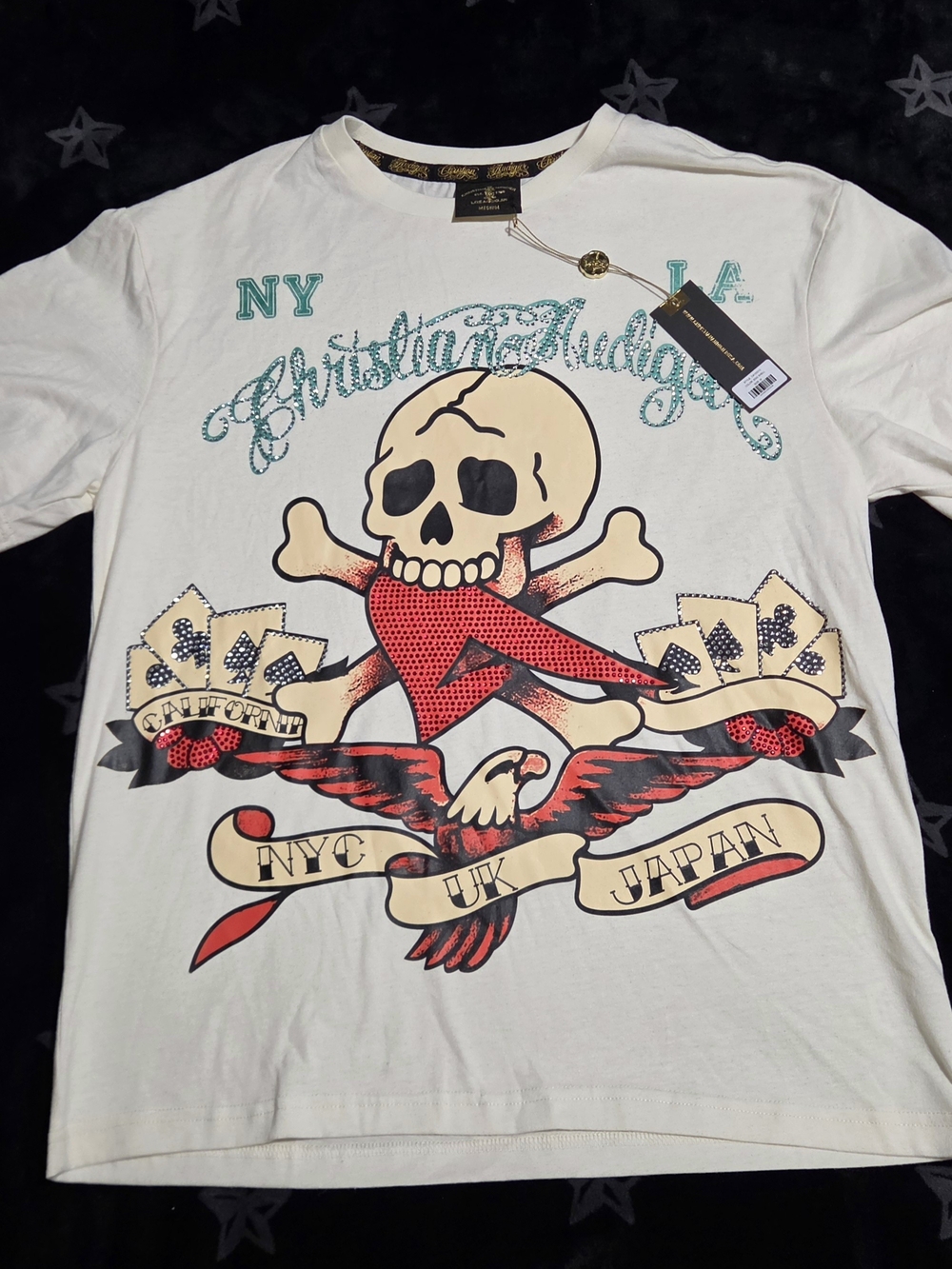 Christian Audigier White Tee with Red & Black Skull Graphic